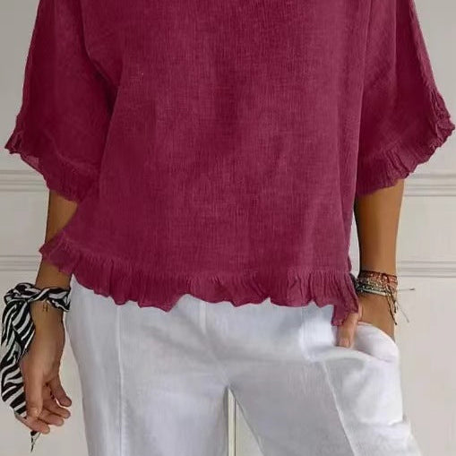 Camicetta da donna a maniche corte – Vestibilità fluida – Misto lino e cotone – Scollo rotondo – Rifiniture arricciate