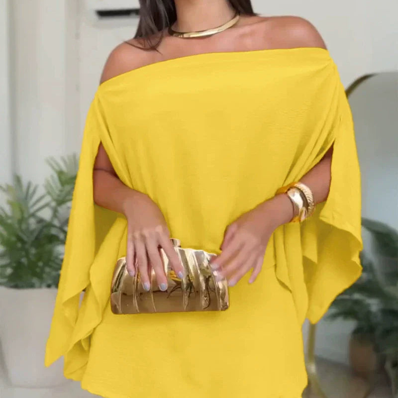 Completo due pezzi da donna - Tessuto intrecciato - Scollo Bardot - Maniche larghe