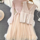 Abito midi da donna in due pezzi – Top a coste – Gonna svasata in tulle – Gilet senza maniche