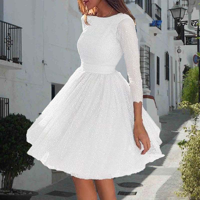 Abito svasato da donna – Tulle leggero – Maniche a 3/4 trasparenti – Dettagli scintillanti