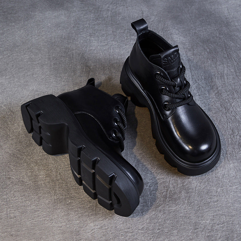 Stivaletti da donna – Vera pelle – Gambale alto – Suola spessa – Chiusura con lacci resistenti