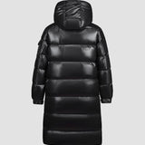 Cappotto lungo da donna – Imbottito in piuma – Cappuccio – Finitura lucida idrorepellente