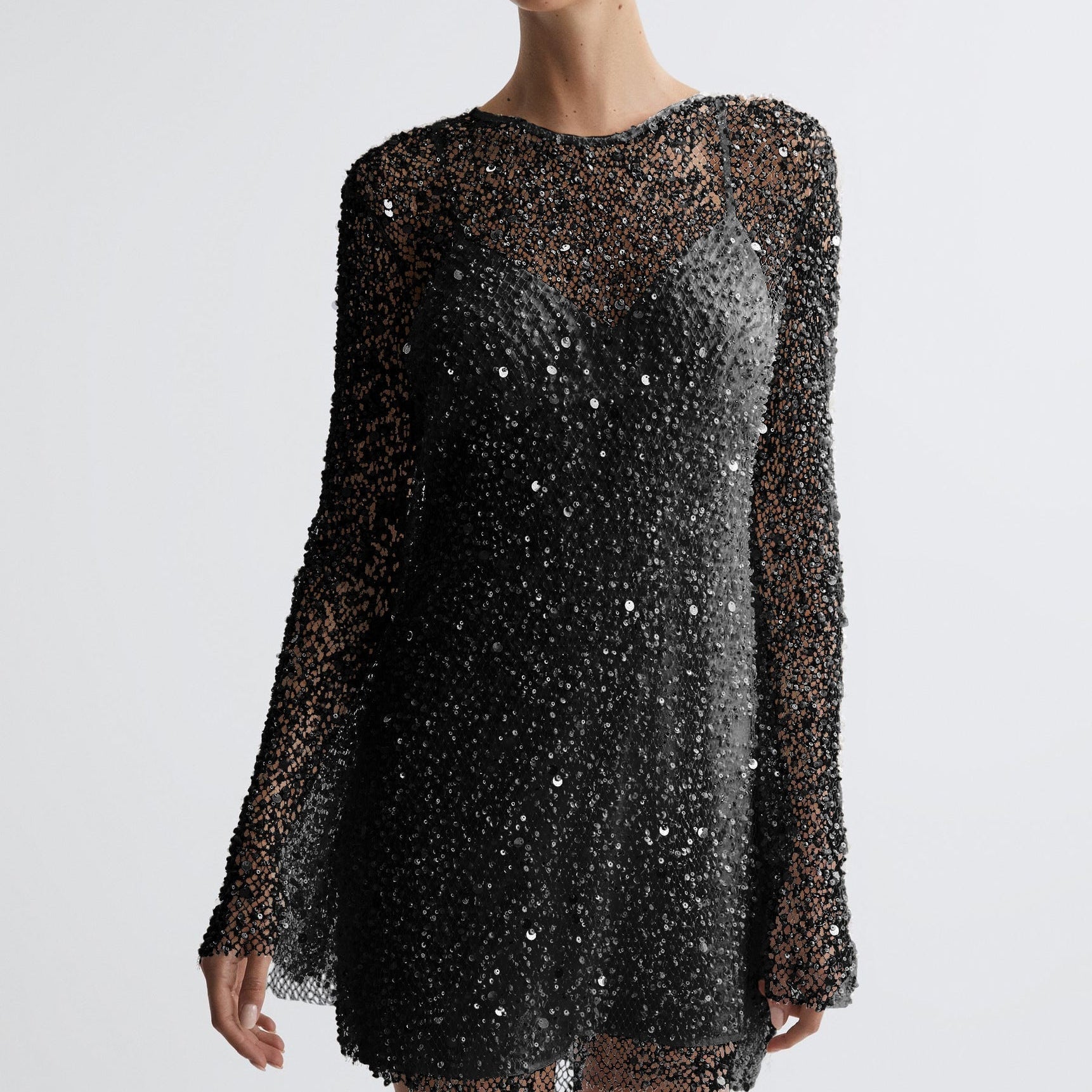 Abito da cocktail da donna – Taglio aderente – Maniche lunghe – Paillettes – Lunghezza mini