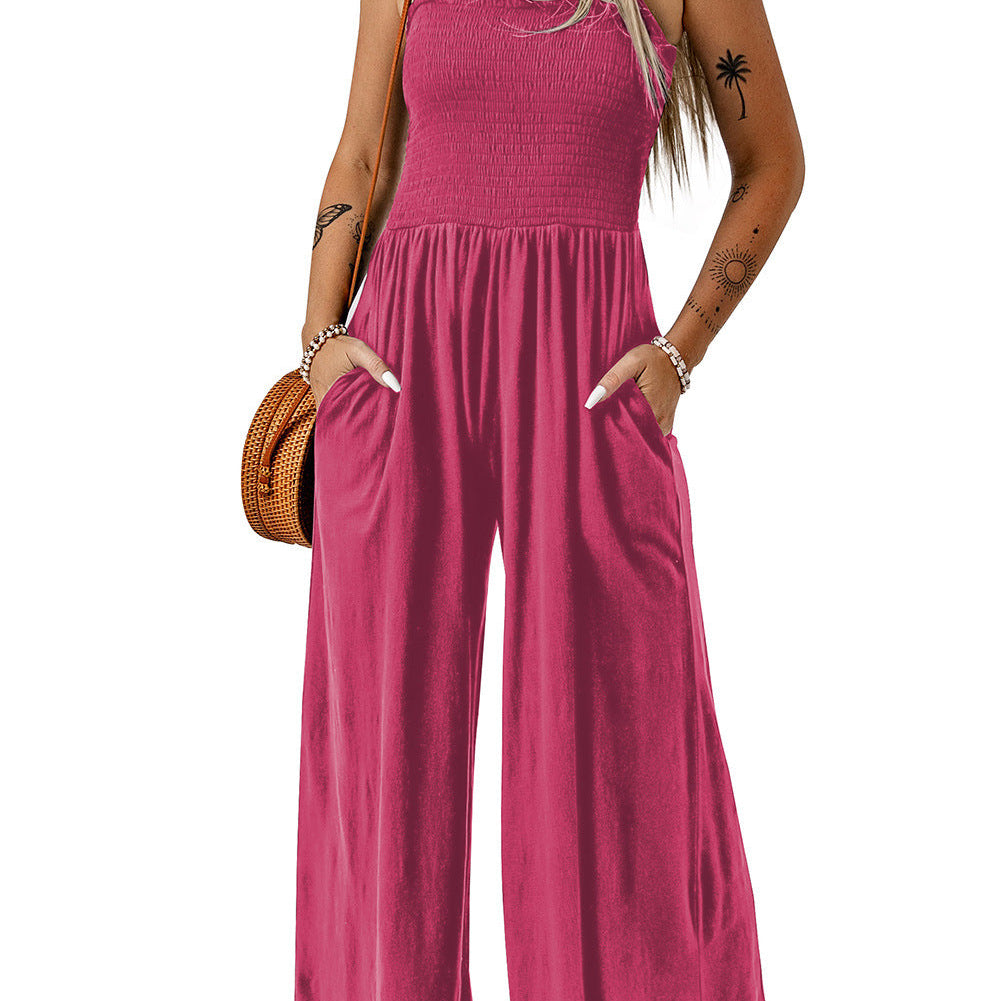 Tuta da donna – Spalle scoperte – Top arricciato – Gamba larga – Tessuto in maglia – Tasche