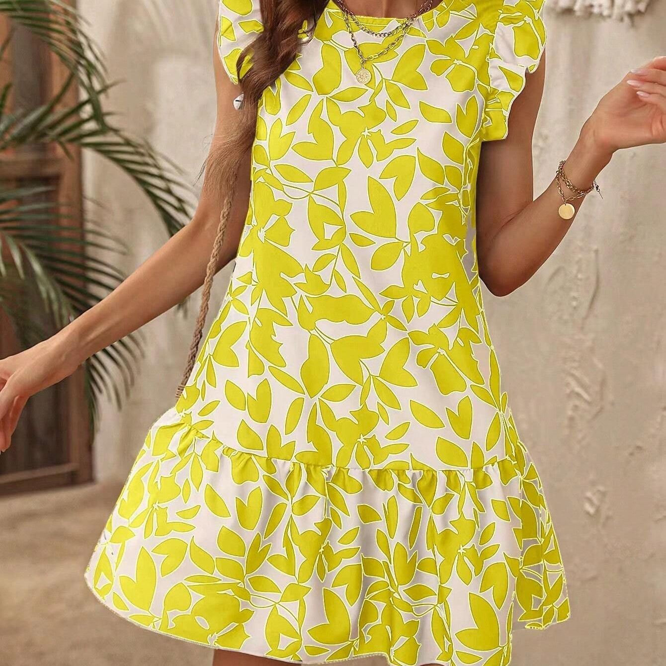 Kiera - Abito estivo da donna - Maniche a balze - Stampa a foglie - Orlo a balze - Stile spiaggia