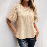 T-shirt da donna con paillettes – Vestibilità comoda – Maniche svasate – Elegante scollo tondo
