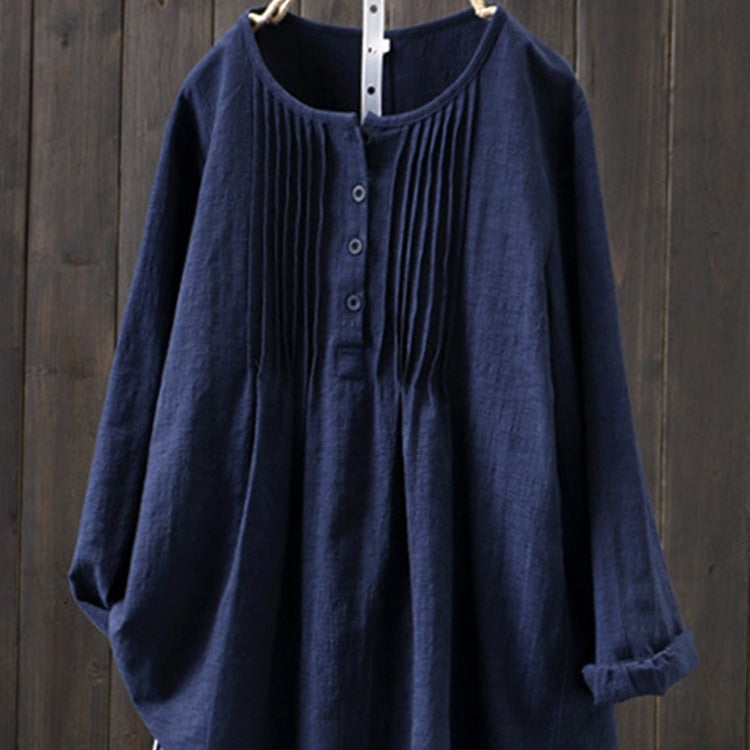 Blusa da donna - Chiusura frontale con bottoni e dettagli plissettati - Maniche lunghe - Vestibilità comoda