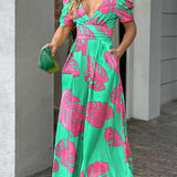 Tuta da donna – Scollo a V – Maniche a sbuffo – Gamba larga – Stampa astratta