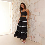 Completo due pezzi da donna – Top bustier aderente – Gonna lunga con volant – Tessuto leggero