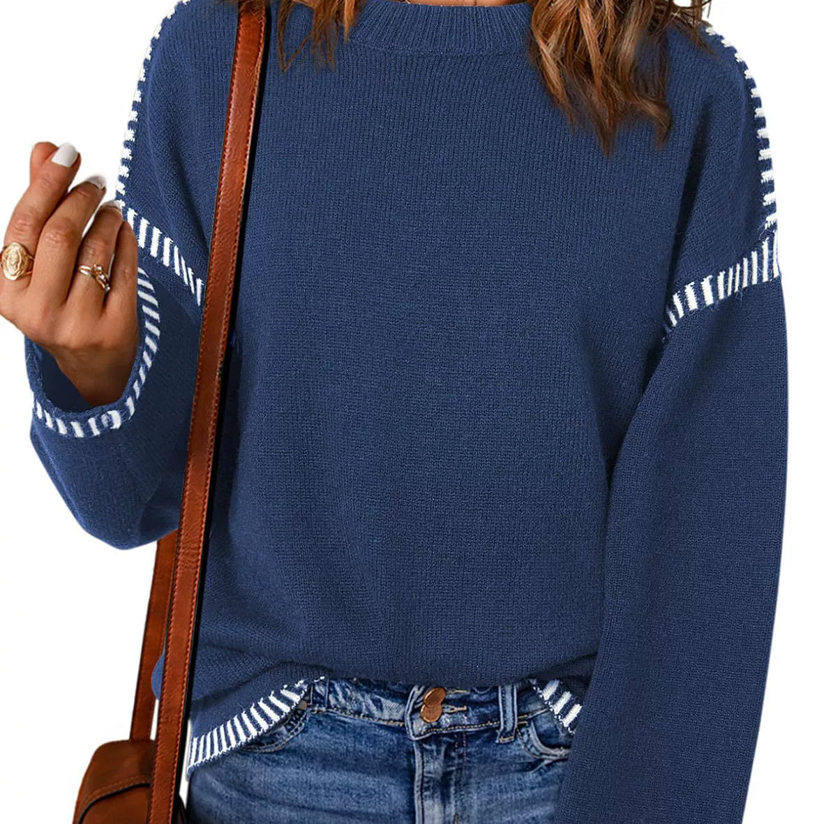 Maglione da donna – Vestibilità rilassata – Maglia a trecce – Scollo rotondo – Maniche lunghe a righe