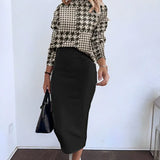 Completo due pezzi da donna – Maglia elasticizzata – Top a maniche lunghe – Gonna midi aderente