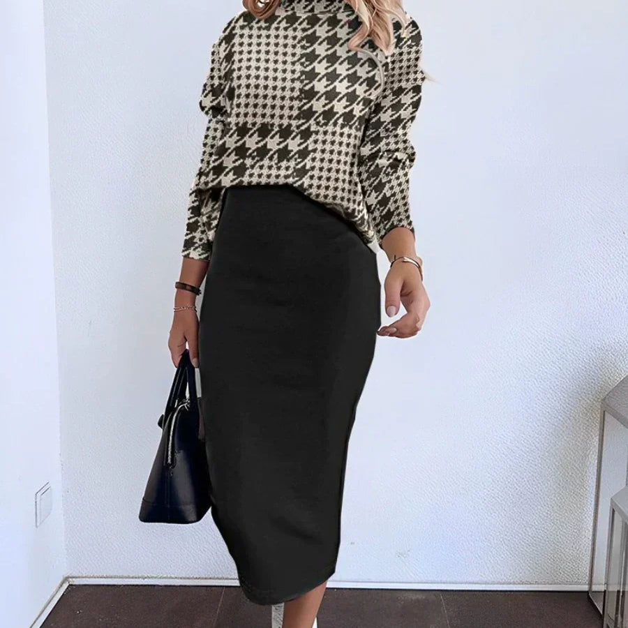 Completo due pezzi da donna – Maglia elasticizzata – Top a maniche lunghe – Gonna midi aderente