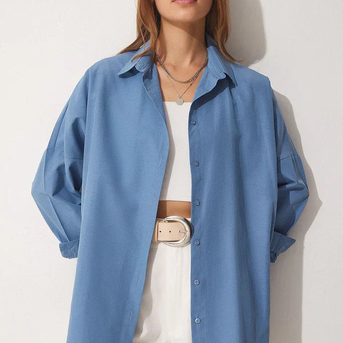 Blusa da donna oversize – Cotone morbido – Maniche lunghe – Abbottonatura – Collo classico