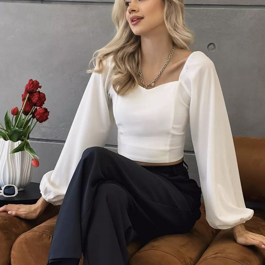 Maglia a maniche lunghe da donna – Vestibilità slim – Tessuto elasticizzato – Scollo squadrato – Spalle a sbuffo