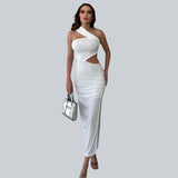 Elegante abito lungo asimmetrico monospalla con ritagli per donna