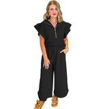 Completo casual da donna – Top con collo a volant e cerniera – Pantaloni larghi con coulisse