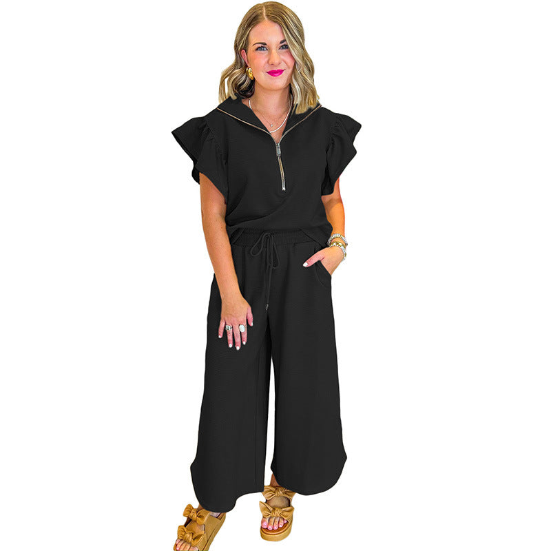 Completo casual da donna – Top con collo a volant e cerniera – Pantaloni larghi con coulisse