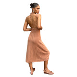 Abito midi da donna – Maglia a coste – Taglio aderente – Scollo all'americana – Gonna plissettata