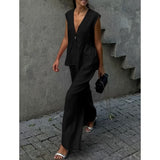 Completo due pezzi da donna – Top peplo senza maniche con scollo a V – Pantaloni lunghi e fluidi