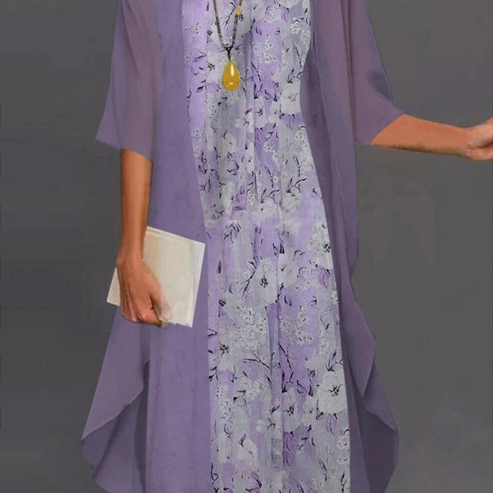 Completo abito in chiffon da donna – Vestibilità fluida – Stampa floreale – Stratificazione asimmetrica