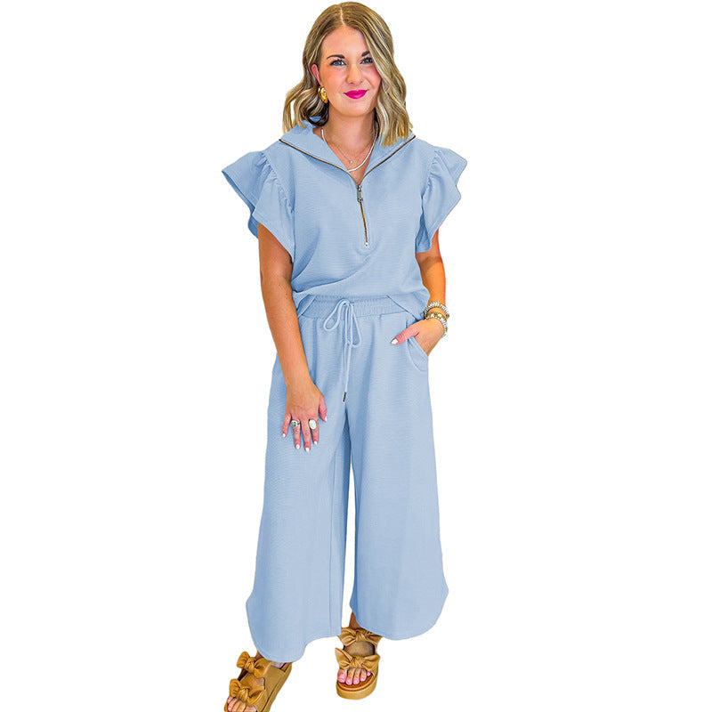 Completo casual da donna – Top con collo a volant e cerniera – Pantaloni larghi con coulisse