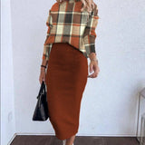 Completo due pezzi da donna – Maglia elasticizzata – Top a maniche lunghe – Gonna midi aderente