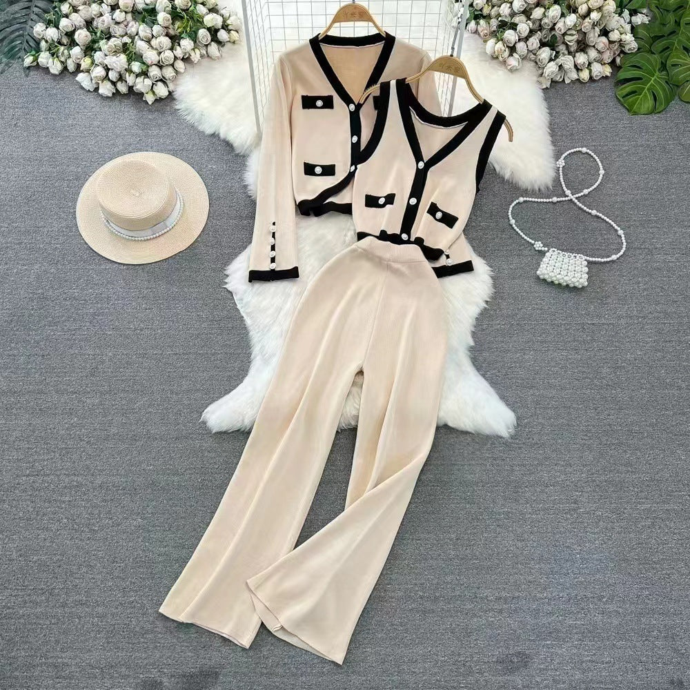 Completo da donna – Maglia morbida – Pantaloni larghi a vita alta – Gilet corto – Top senza maniche