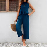 Completo pantalone e gilet da donna – Tessuto traspirante – Vestibilità ampia e fluida – Dettaglio arricciato