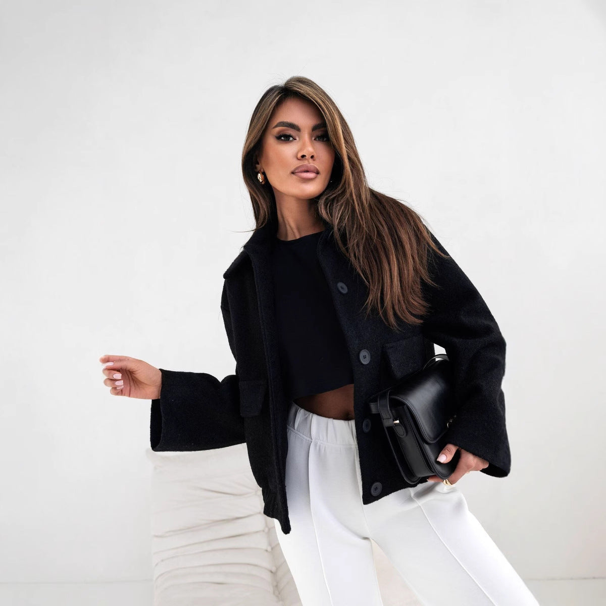 Giacca da donna - Misto lana - Vestibilità oversize - Lunghezza corta - Collo a camicia