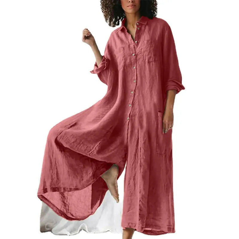 Tuta da donna – Vestibilità oversize – Tessuto traspirante – Lunga – Abbottonatura frontale con tasche