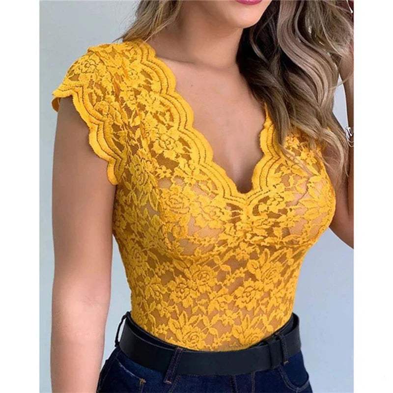 Body in pizzo da donna - Scollo a V profondo - Maniche corte - Aderente ed elegante
