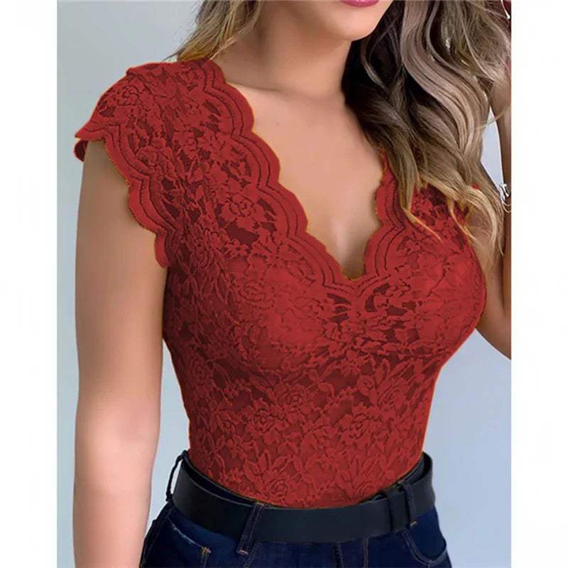 Body in pizzo da donna - Scollo a V profondo - Maniche corte - Aderente ed elegante