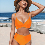 Costume da bagno da donna – Bikini a vita alta – Scollo a V – Tessuto morbido ed elastico