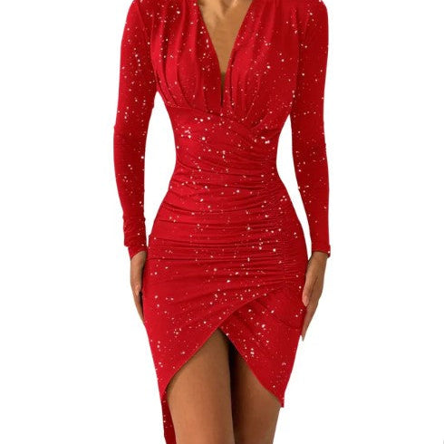 Abito aderente da donna - Maniche lunghe - Scollo a V profondo - Dettaglio arricciato - Orlo asimmetrico