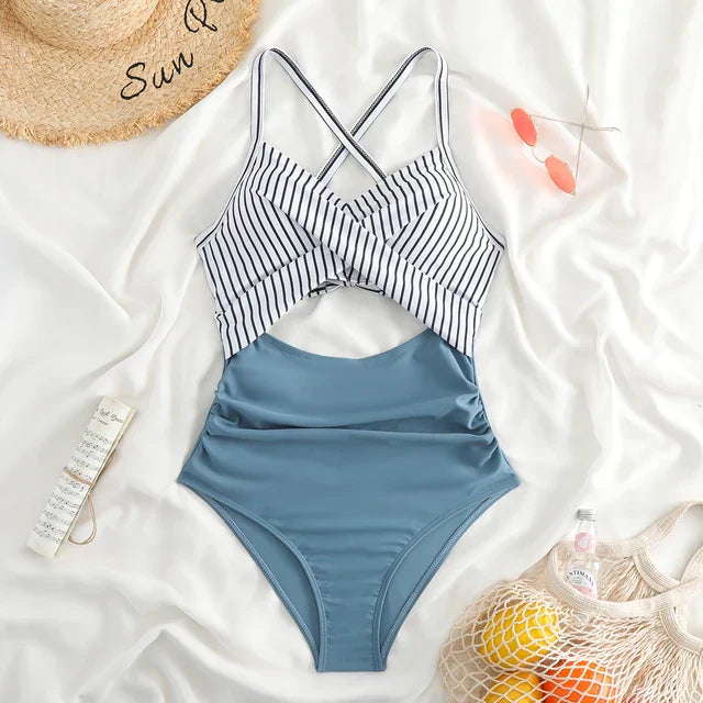 Costume intero da donna – Taglio aderente – Scollo incrociato – Vita con cut-out – Stampa floreale