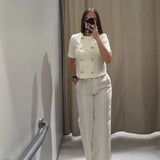 Completo da donna – Giacca corta con bottoni a maniche corte – Pantaloni sartoriali a gamba larga