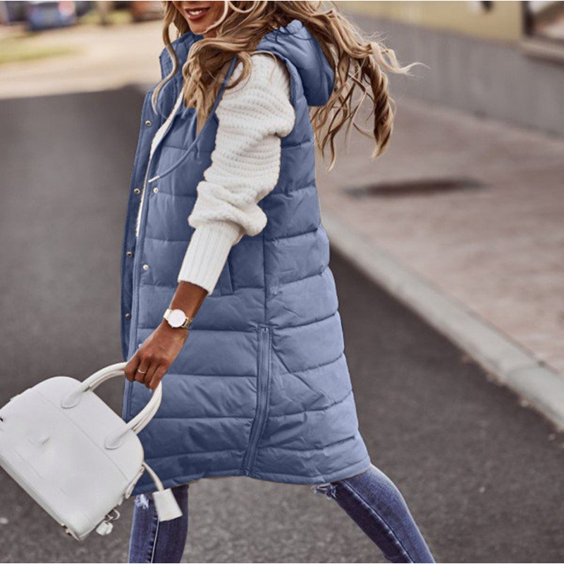 Gilet con cappuccio da donna – Lungo, dritto – Leggermente trapuntato – Chiusura a scatto