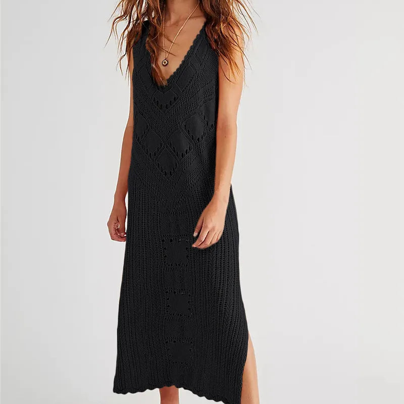 Abito in rete da donna – Vestibilità casual – Scollo a V – Motivo geometrico – Spacco laterale