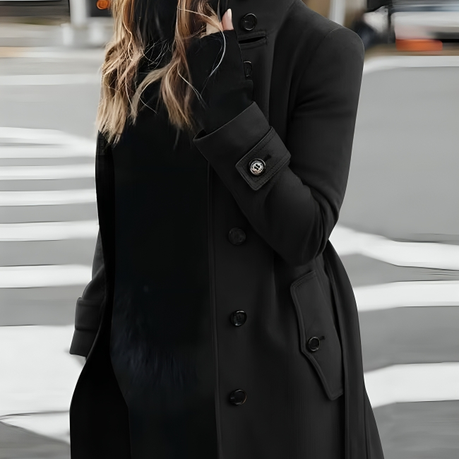 Cappotto lungo da donna – Taglio aderente – Collo alto – Doppiopetto – Cintura