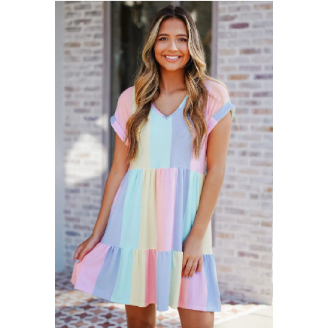 Abito casual da donna - Vestibilità ampia - Scollo a V - Maniche corte - Stile a righe