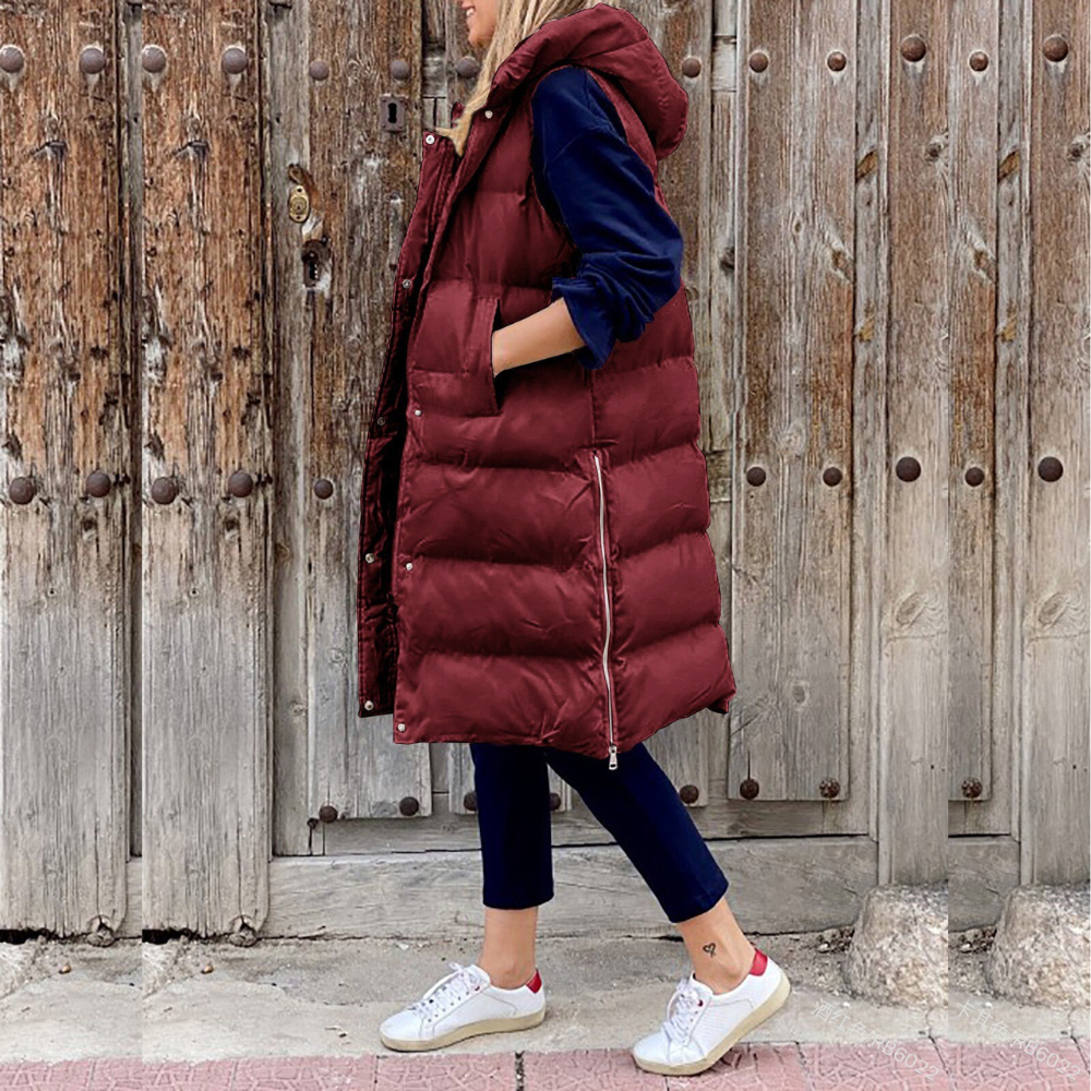 Gilet senza maniche da donna – Taglio lungo oversize – Trapuntato con cappuccio – Tasche con cerniera