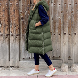 Gilet senza maniche da donna – Taglio lungo oversize – Trapuntato con cappuccio – Tasche con cerniera