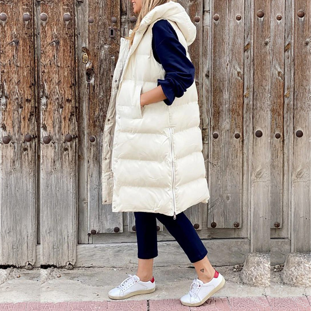 Gilet senza maniche da donna – Con cappuccio – Trapuntato – Vestibilità oversize – Lungo – Idrorepellente
