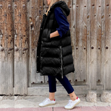 Gilet senza maniche da donna – Taglio lungo oversize – Trapuntato con cappuccio – Tasche con cerniera