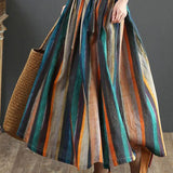 Gonna midi a trapezio da donna – Stampa a righe retrò – Plissettata – Fibre naturali – Abbigliamento casual