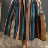 Gonna midi a trapezio da donna – Stampa a righe retrò – Plissettata – Fibre naturali – Abbigliamento casual