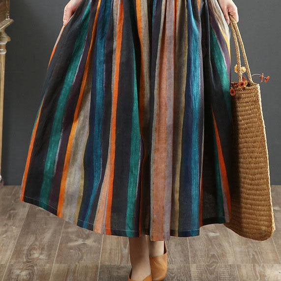 Gonna midi a trapezio da donna – Stampa a righe retrò – Plissettata – Fibre naturali – Abbigliamento casual