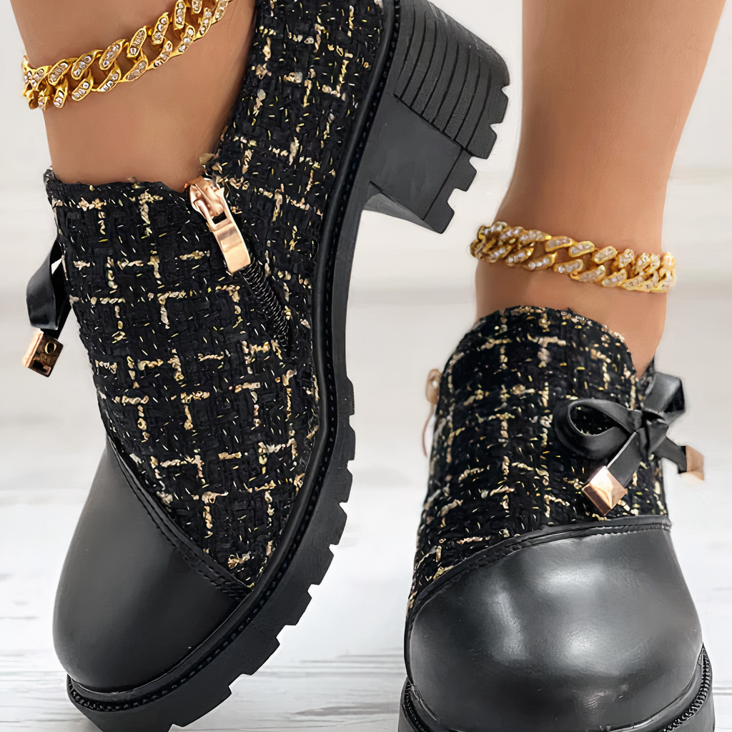 Scarpe da donna con tacco grosso – Tomaia testurizzata – Altezza alla caviglia – Fiocco decorativo