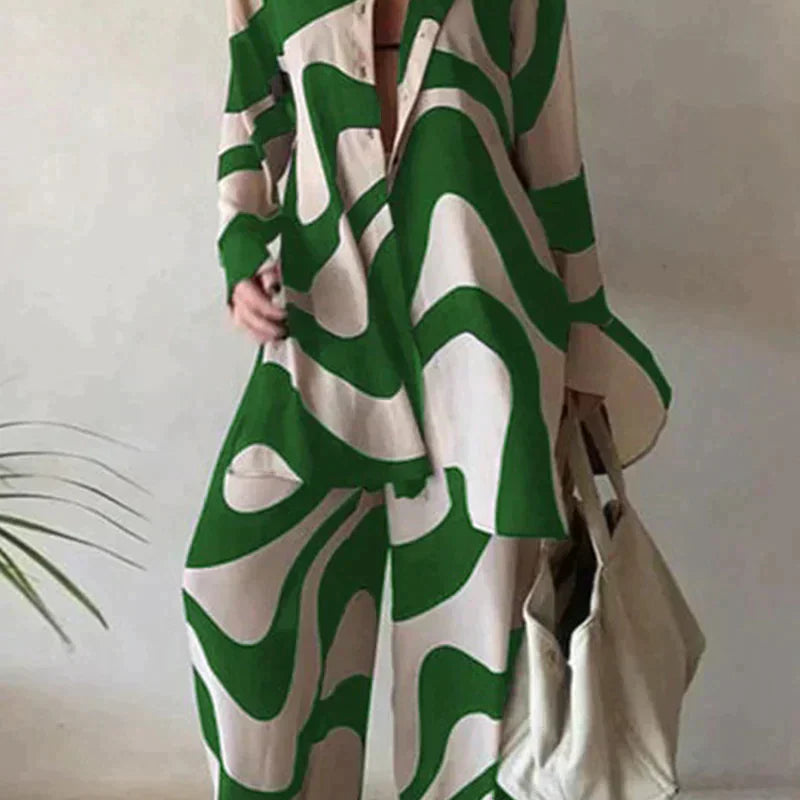 Completo da donna – Camicia oversize a maniche lunghe e pantaloni larghi a vita alta – Chic e comodo