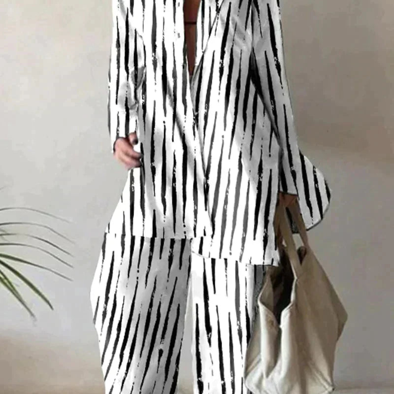 Completo da donna – Camicia oversize a maniche lunghe e pantaloni larghi a vita alta – Chic e comodo